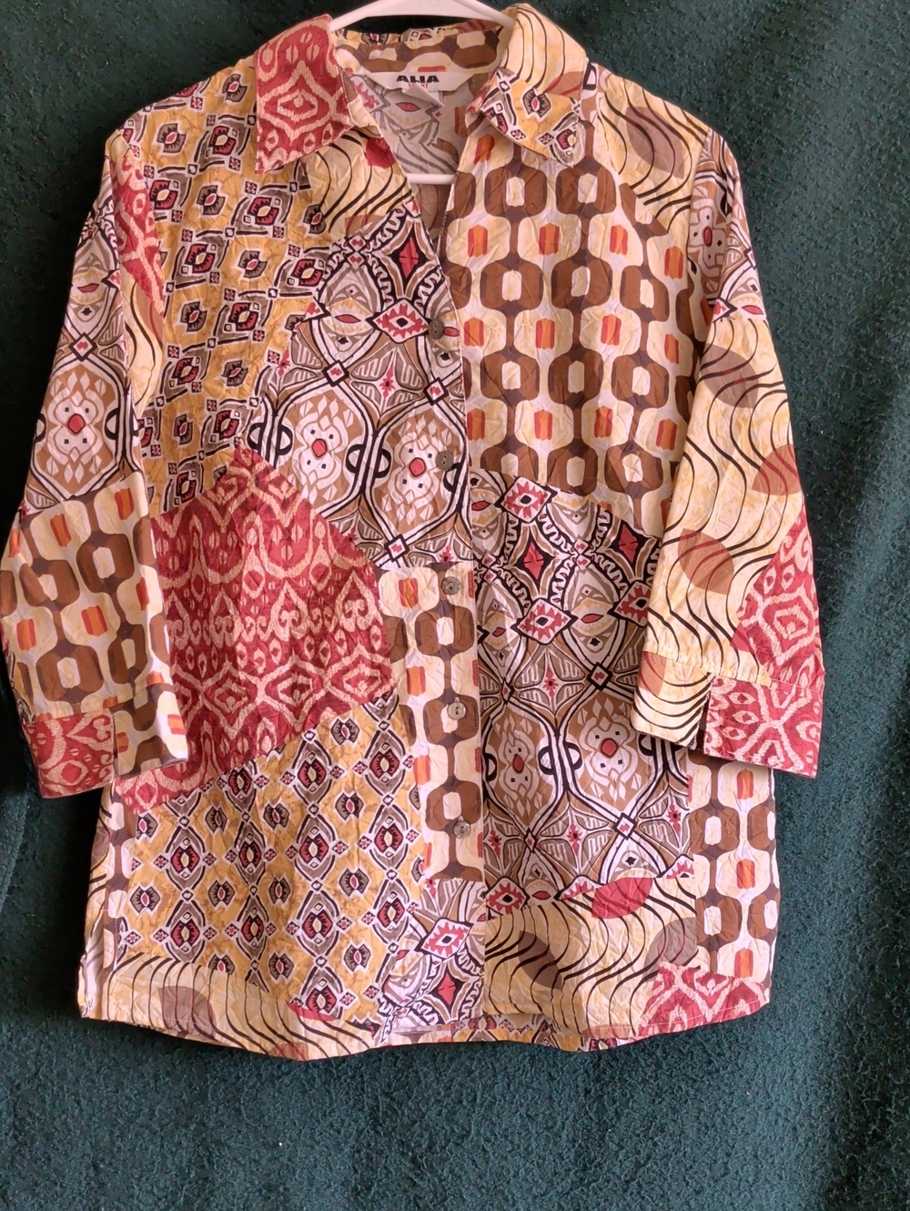 Patchwork Button-Down Shirt Jacket in Red, Brown & Cream